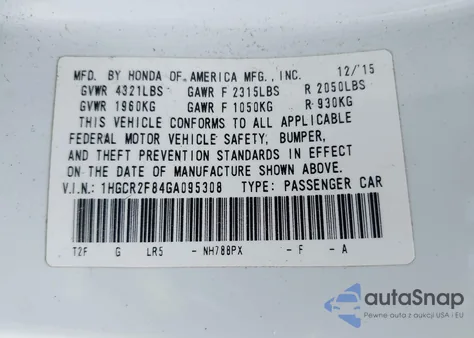 2016 Honda Accord Ex-L из США, поврежденный, VIN 1HGCR2F84GA095308